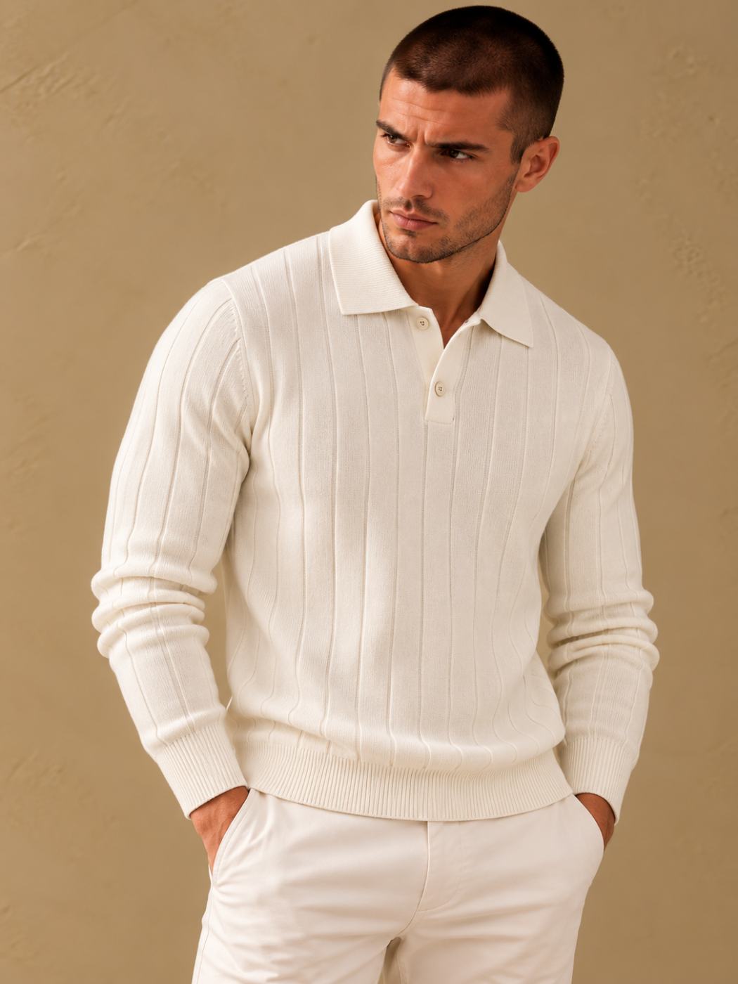 Bemount Bemount Ivory Refined Vertical Channel Knit Polo, front view