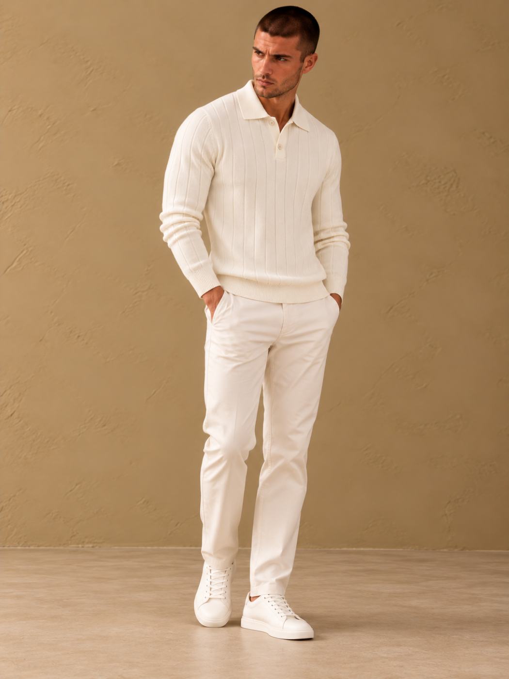 Bemount Bemount Ivory Refined Vertical Channel Knit Polo, view 3