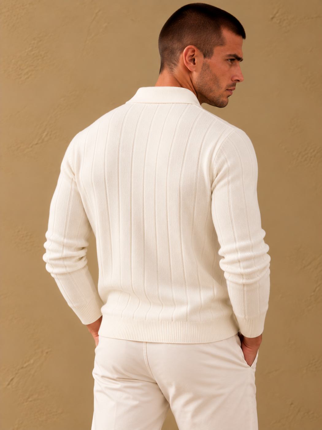 Bemount Bemount Ivory Refined Vertical Channel Knit Polo, view 4
