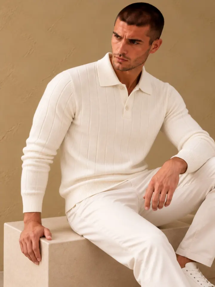 Bemount Bemount Ivory Refined Vertical Channel Knit Polo, view 6