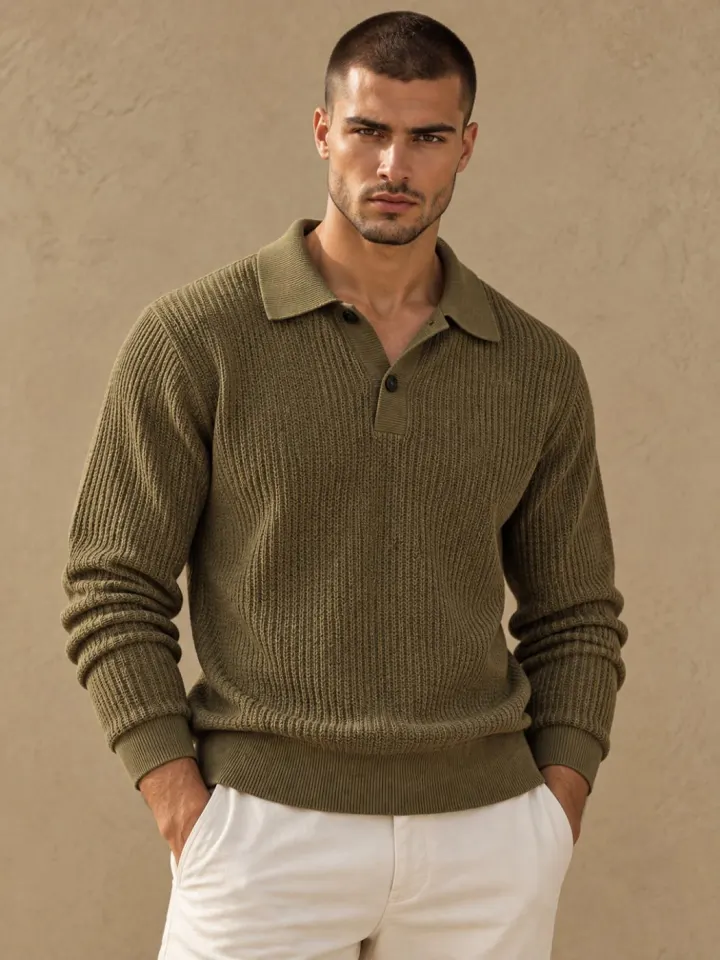 Bemount Bemount Olive Fine Texture Knit Polo, front view