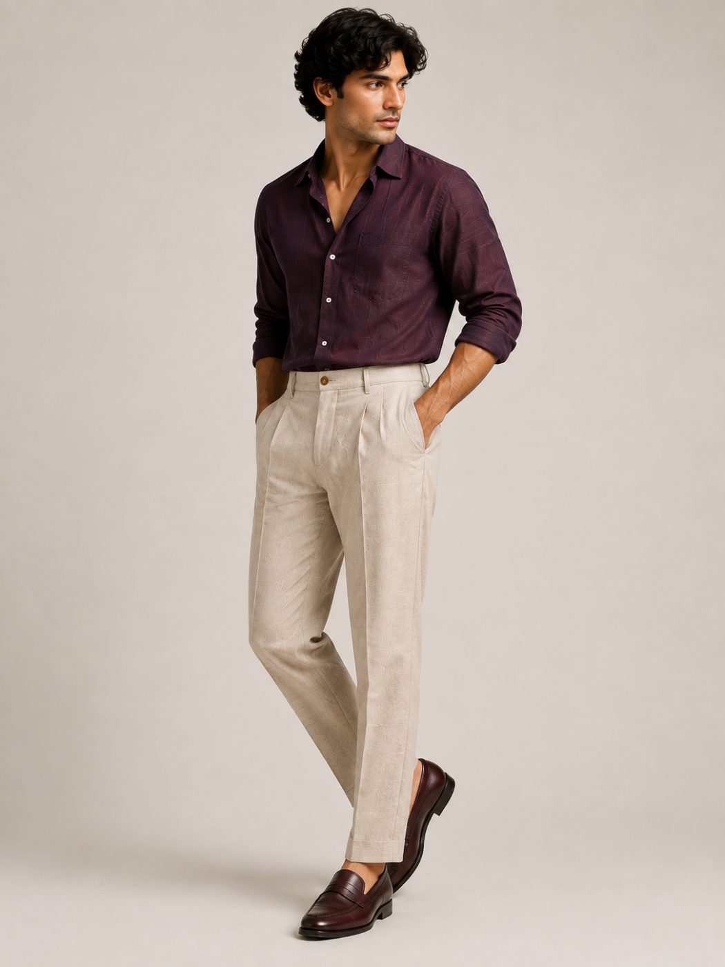 Arden Stone Pleated Linen Trouser, side front view in Stone