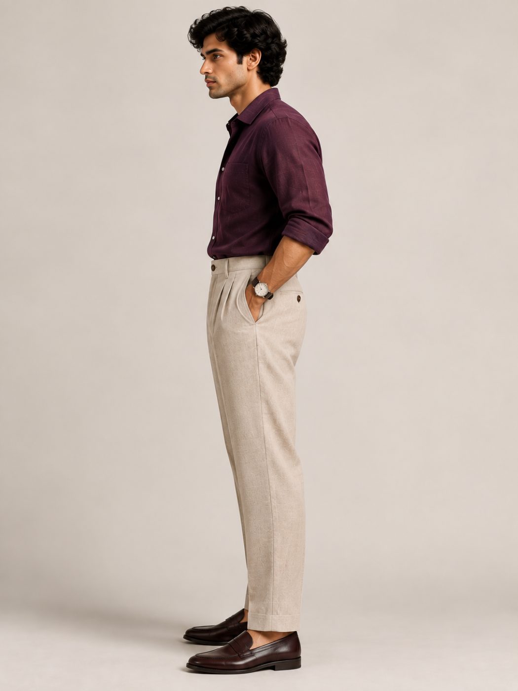 Arden Stone Pleated Linen Trouser, side view in Stone