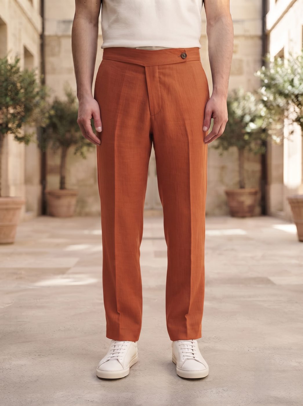 Capri Resort Wrap-Waist Trouser, Burnt Rust, front view in Burnt Rust