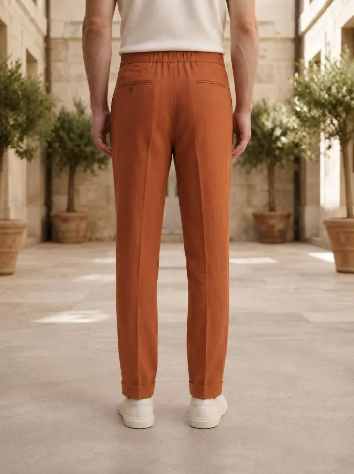Capri Resort Wrap-Waist Trouser, Burnt Rust, back view in Burnt Rust