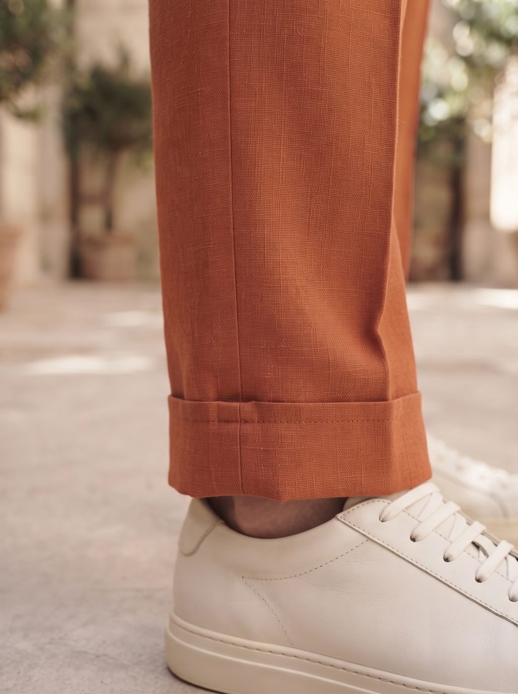 Capri Resort Wrap-Waist Trouser, Burnt Rust, hem view in Burnt Rust