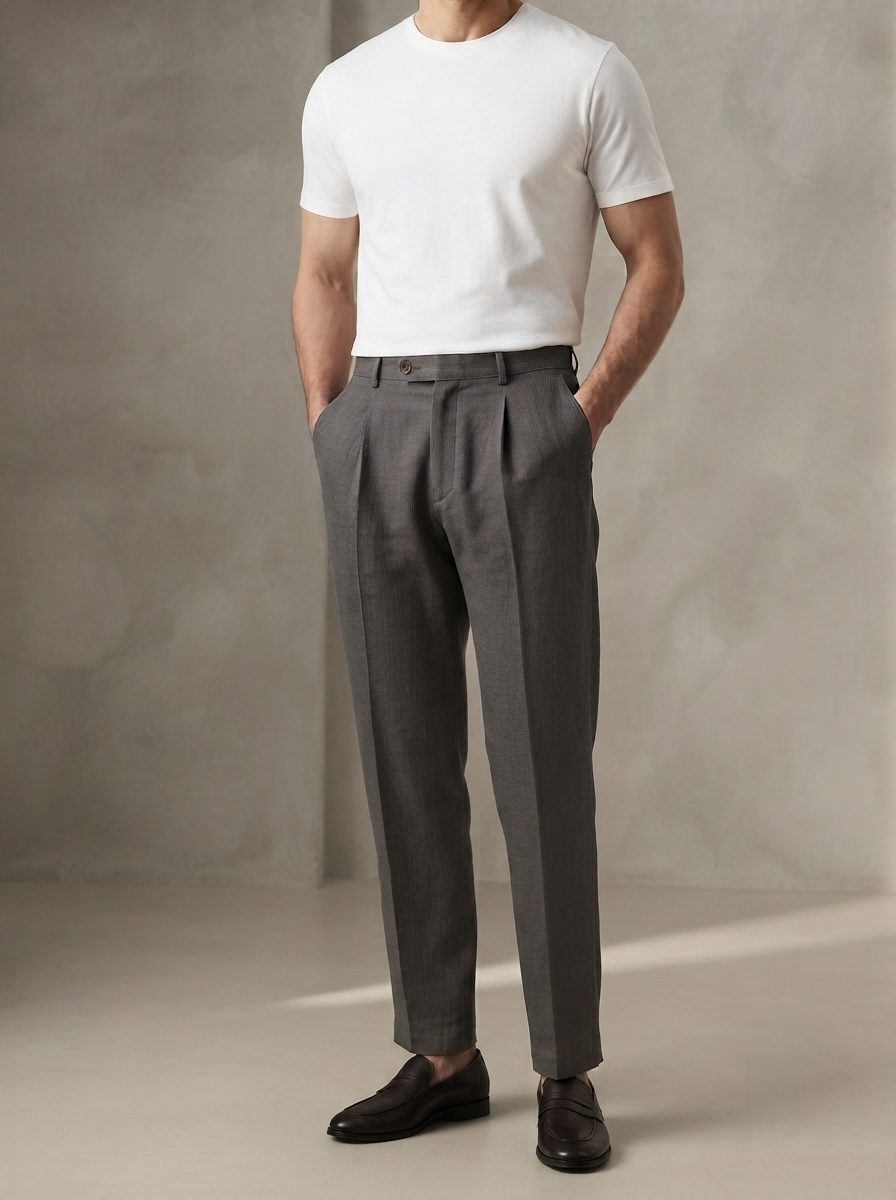 Charcoal Pleated Linen Trouser, front view in Charcoal