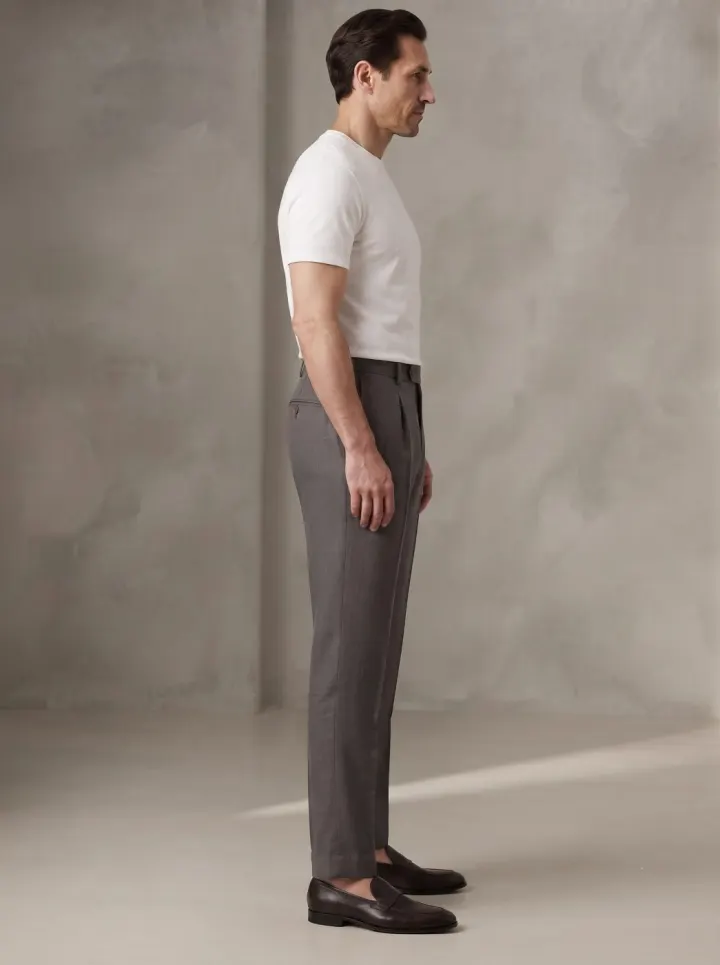 Bemount Charcoal Pleated Linen Trouser, side view in Charcoal