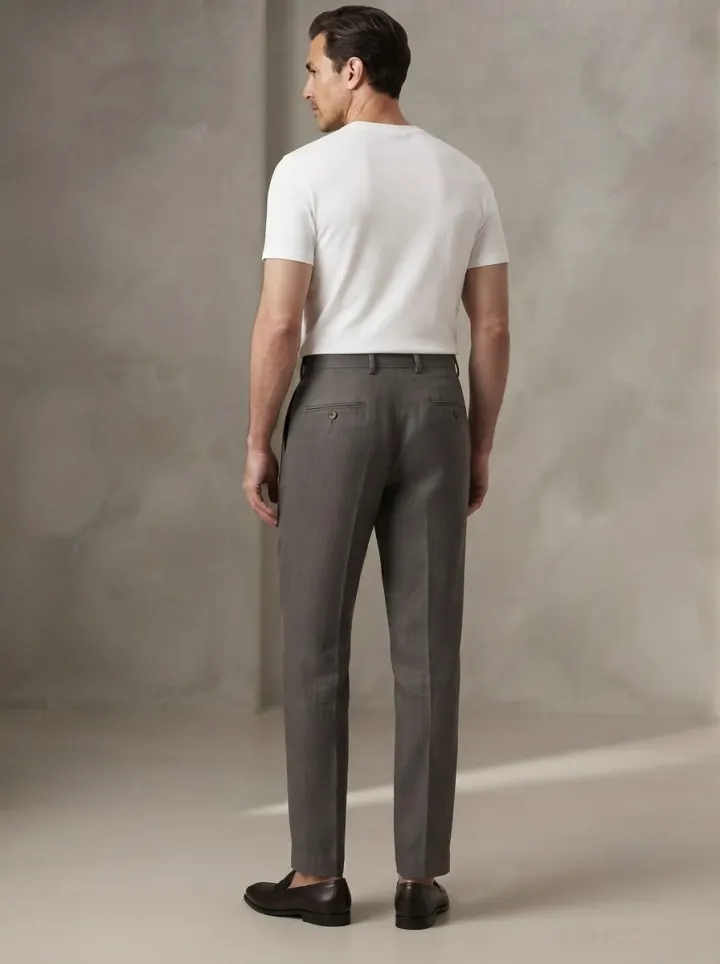 Bemount Charcoal Pleated Linen Trouser, back view in Charcoal