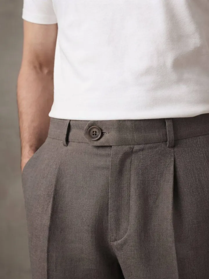 Bemount Charcoal Pleated Linen Trouser, waist view in Charcoal