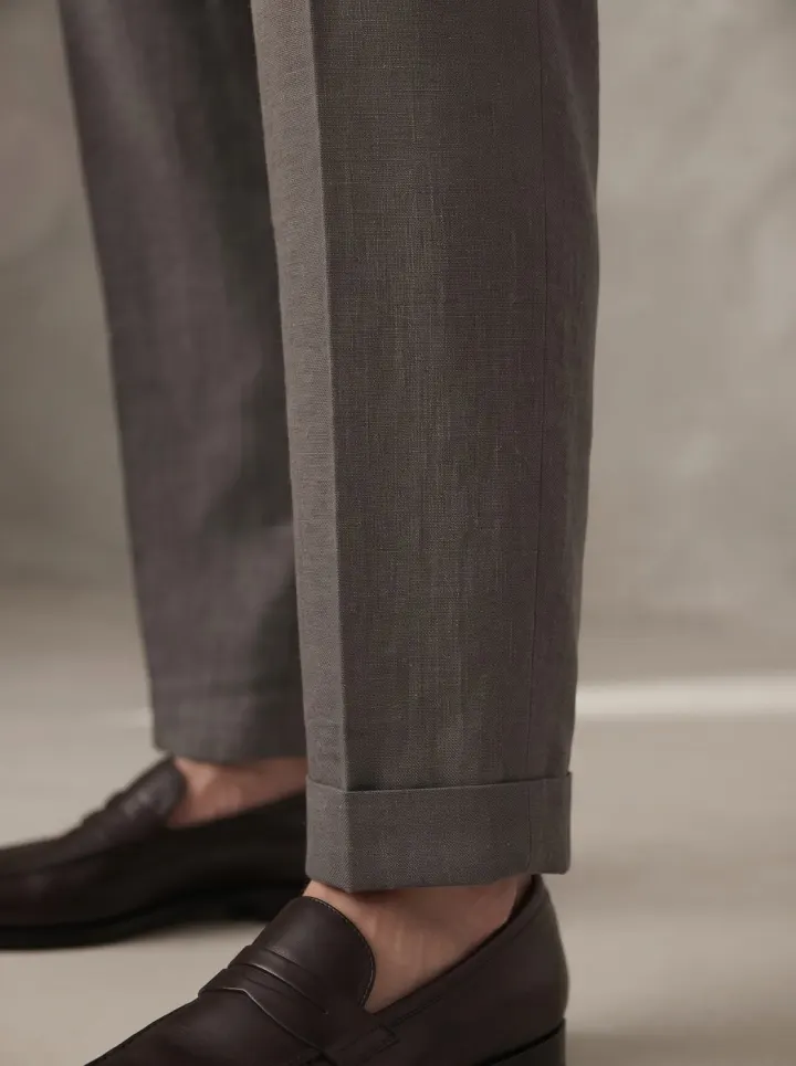 Bemount Charcoal Pleated Linen Trouser, hem view in Charcoal