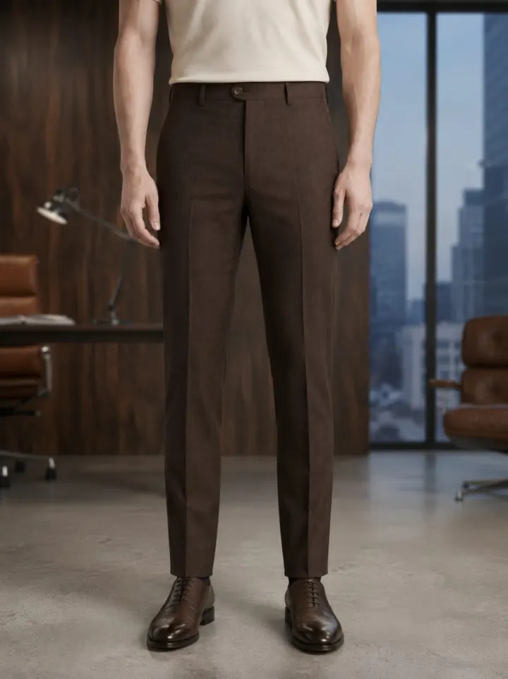 Bemount Dark Espresso Linen Trouser, front view in Dark Espresso