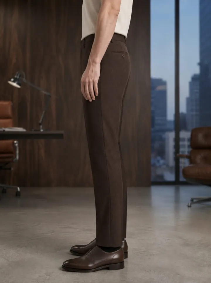 Bemount Dark Espresso Linen Trouser, side view in Dark Espresso
