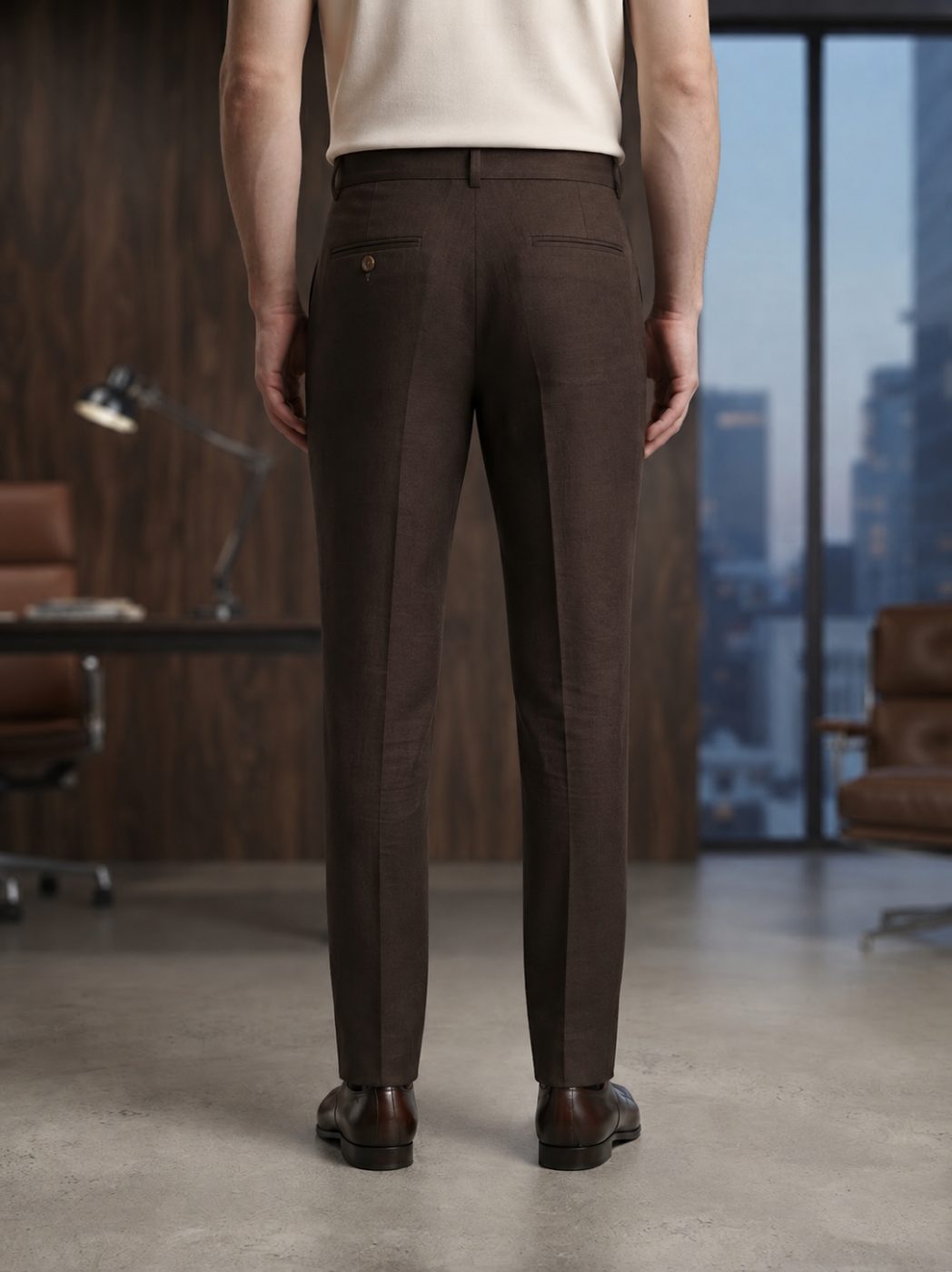 Dark Espresso Linen Trouser, back view in Dark Espresso