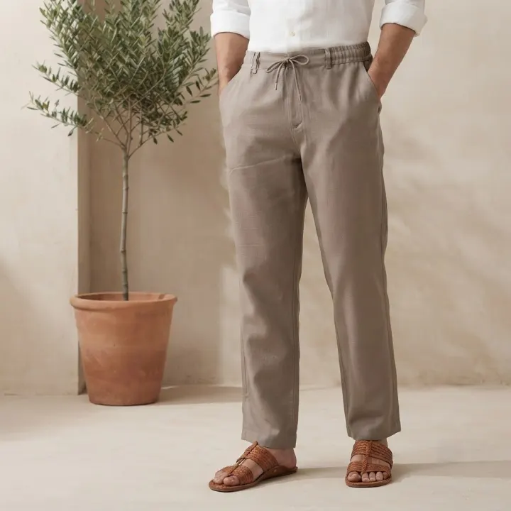 Bemount Desert Sand Linen Drawstring Pant, front view