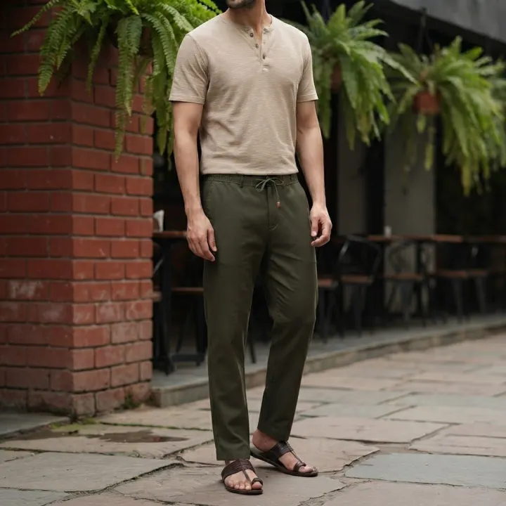 Bemount Olive Drab Linen Drawstring Pant, front view