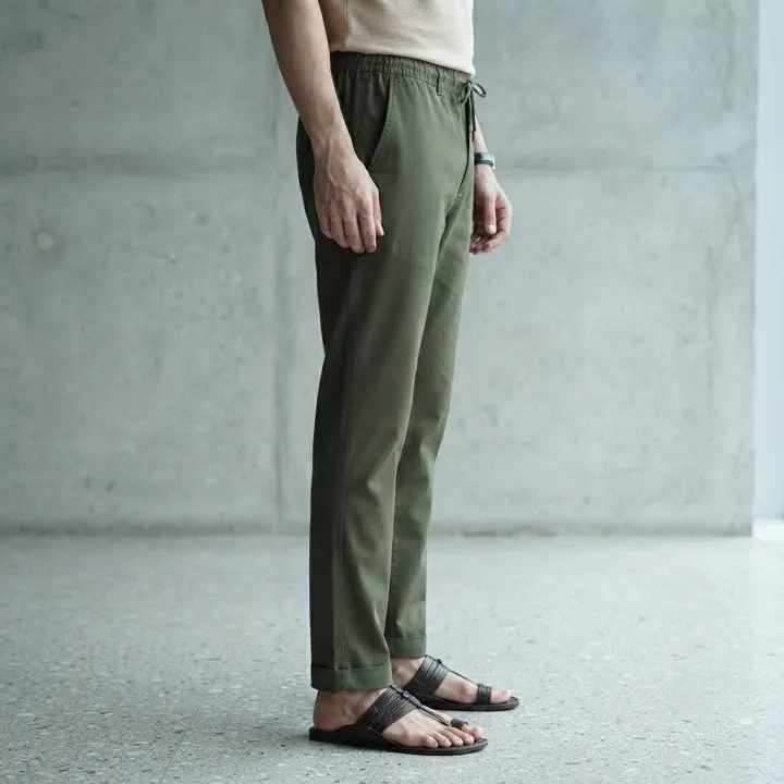 Bemount Olive Drab Linen Drawstring Pant, side view