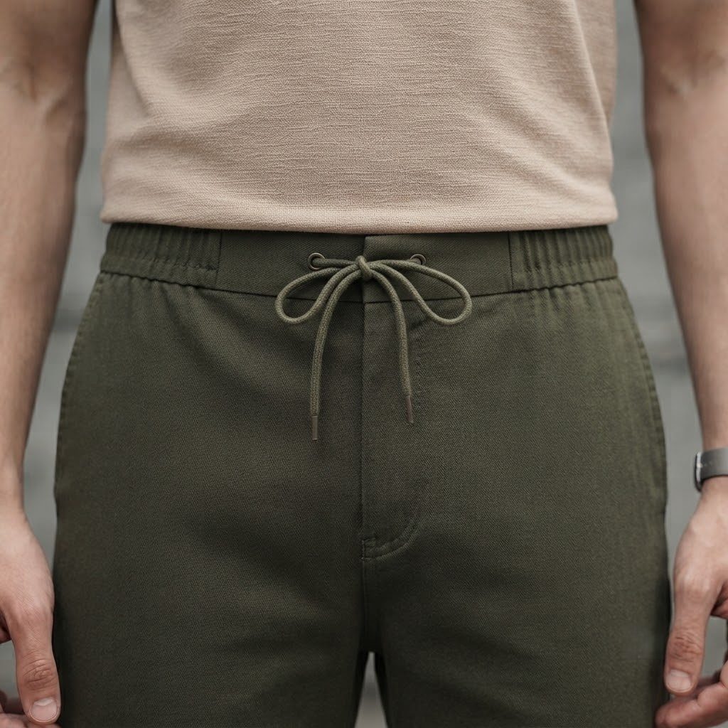 Olive Drab Linen Drawstring Pant, waist view