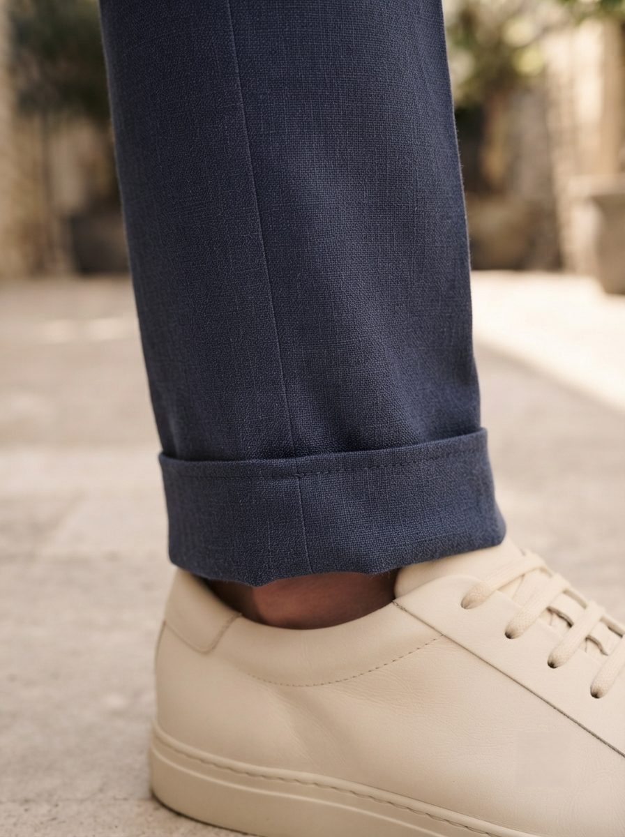 Portofino Linen Trouser, Navy, hem view in Navy