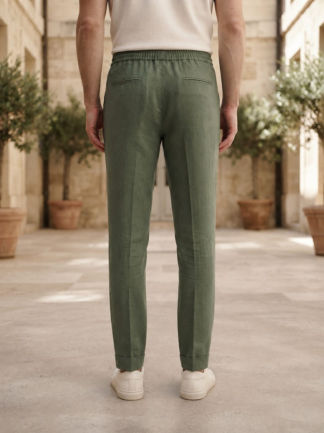 Positano Cuffed Track-Linen Trouser, Olive, back view in Olive