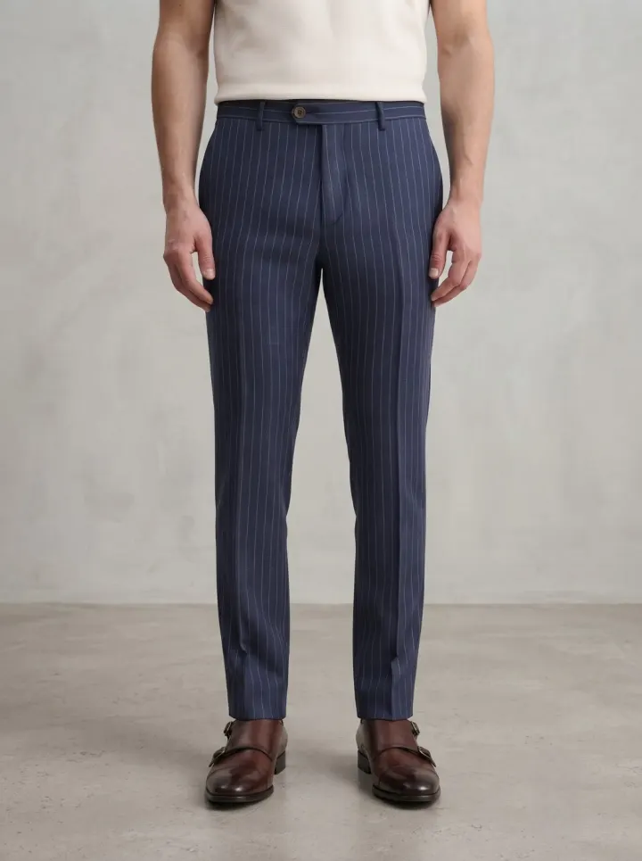 Bemount Positano Pinstripe Linen Trouser, Navy, front view in Navy Pinstripe