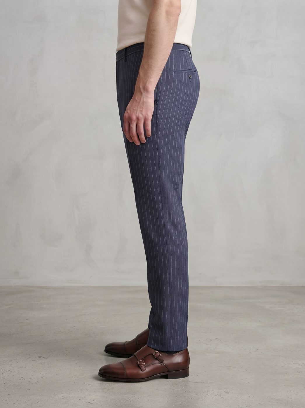 Positano Pinstripe Linen Trouser, Navy, side view in Navy Pinstripe