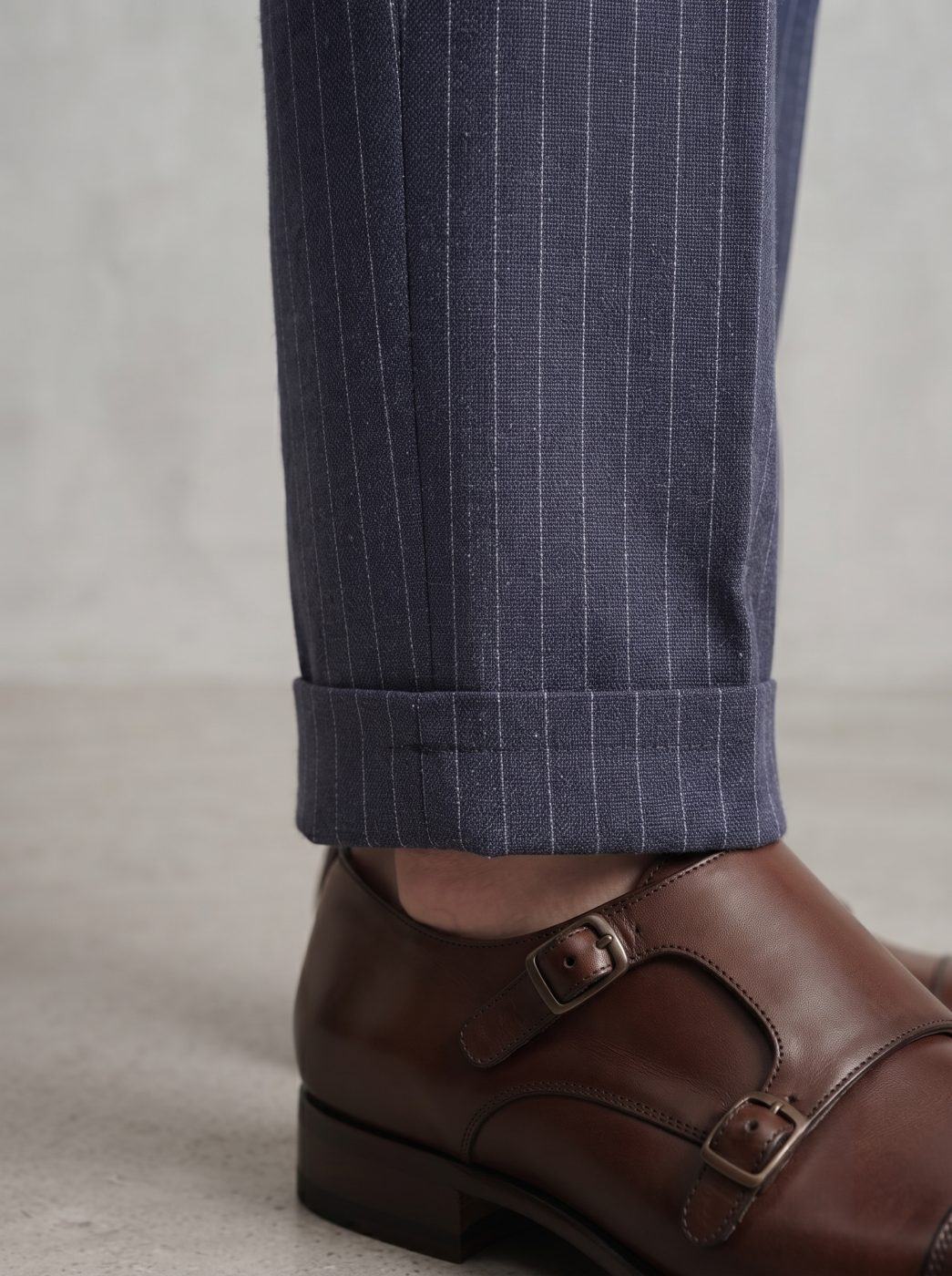Positano Pinstripe Linen Trouser, Navy, lower view in Navy Pinstripe