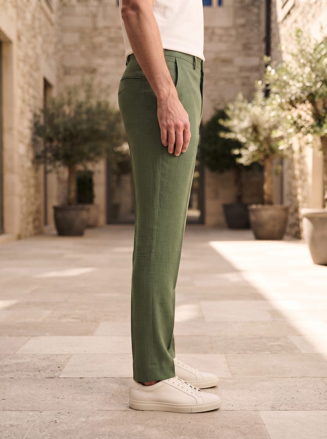 Riviera Linen Trouser, Olive, side view in Olive