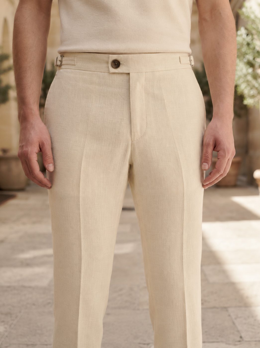Riviera Side-Buckle Tailored Trouser, Cream, front view in Cream
