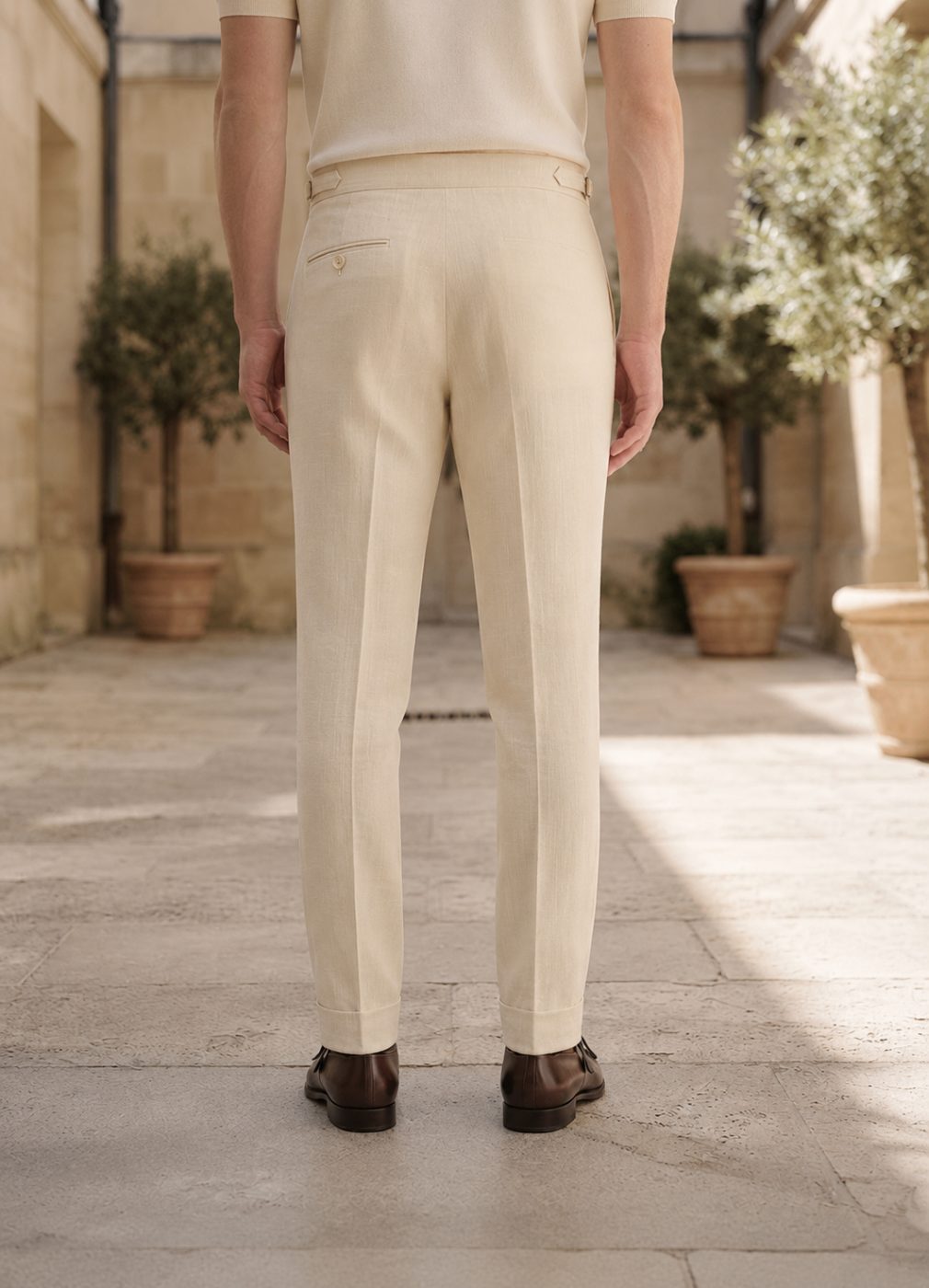 Riviera Side-Buckle Tailored Trouser, Cream, back view in Cream