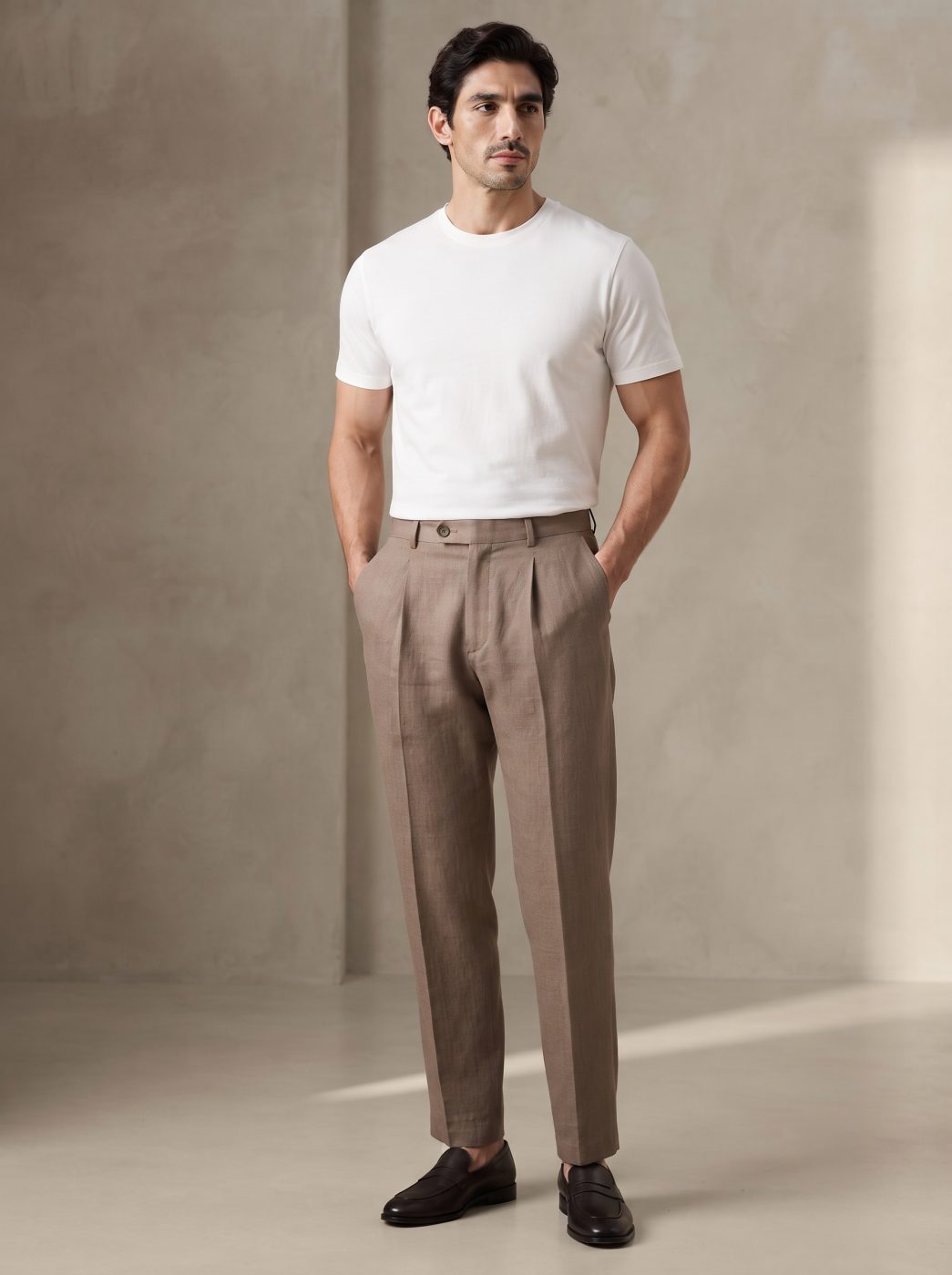 Taupe Pleated Linen Trouser, front view in Taupe