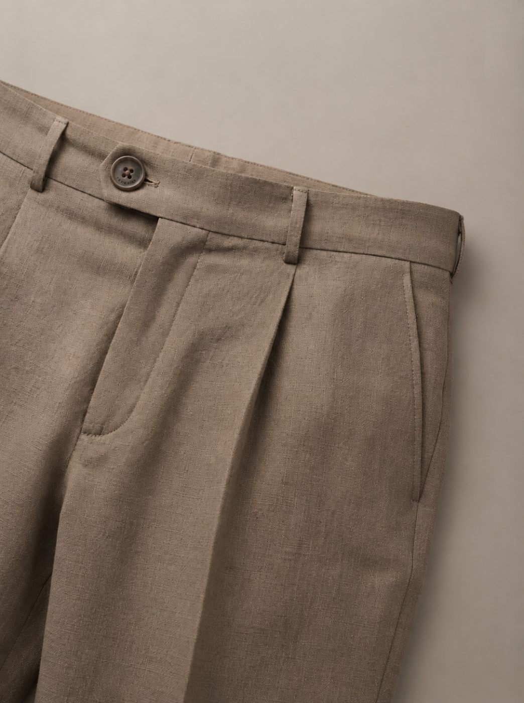 Taupe Pleated Linen Trouser, closeup view in Taupe