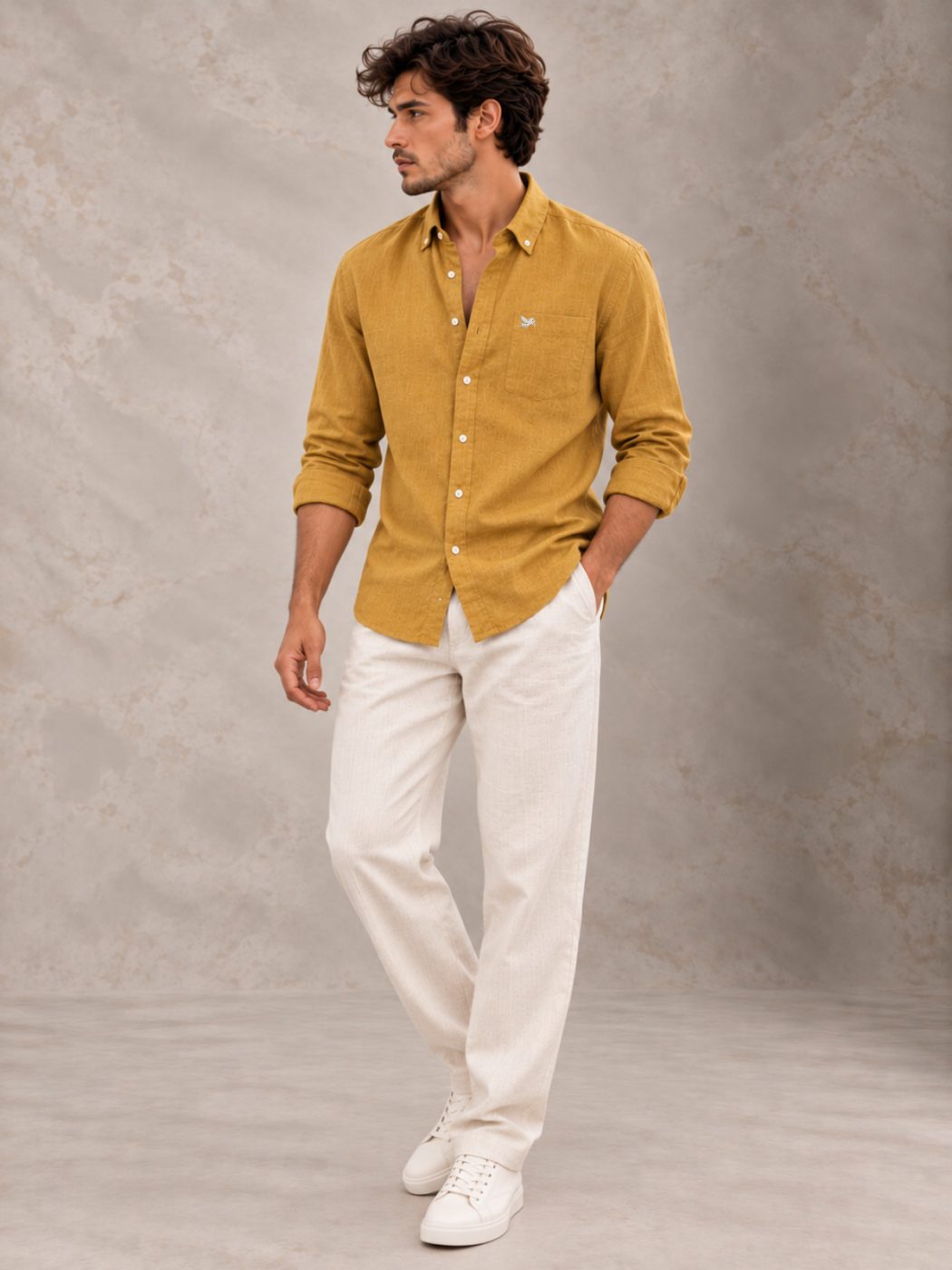 Bemount Antique Mustard French Linen Shirt in Antique Mustard, three-quarter view