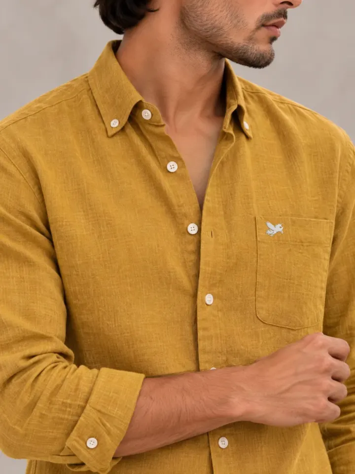 Bemount Bemount Antique Mustard French Linen Shirt in Antique Mustard, close-up of collar and pocket