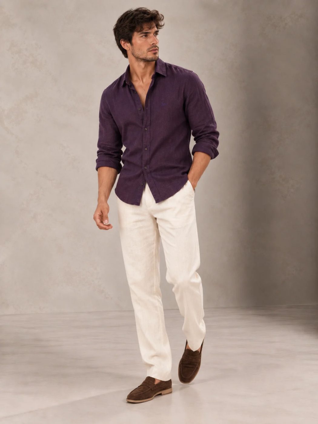 Bemount Deep Aubergine French Linen Shirt in Deep Aubergine, front view