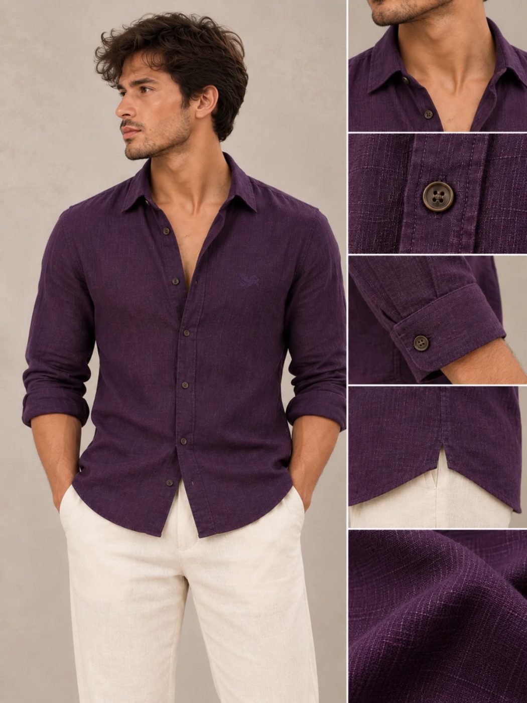 Bemount Deep Aubergine French Linen Shirt in Deep Aubergine, close-up front view