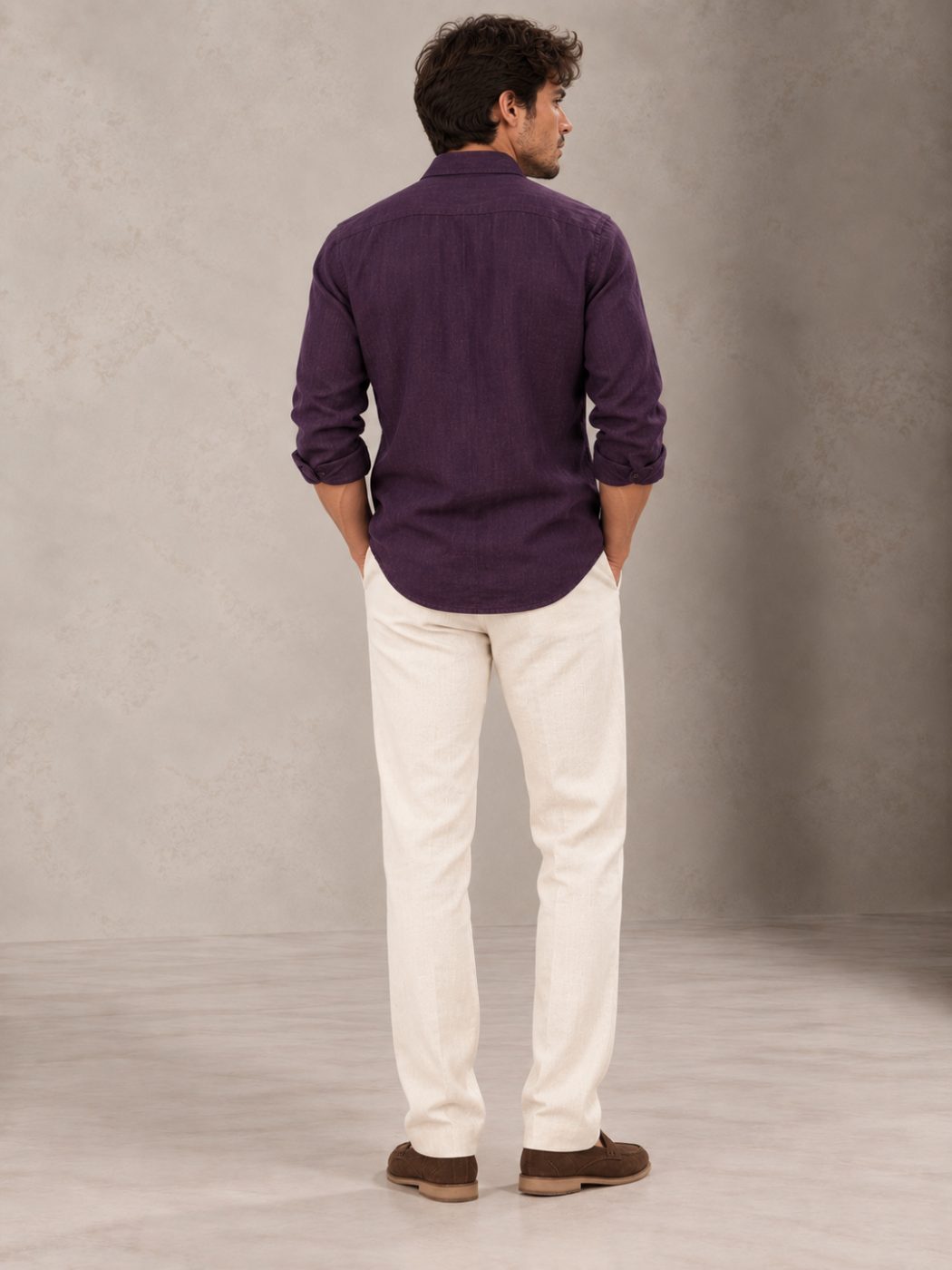 Bemount Deep Aubergine French Linen Shirt in Deep Aubergine, back view