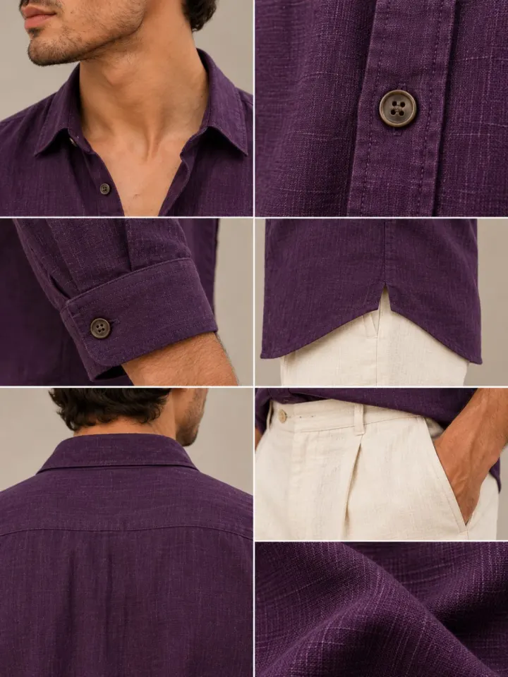 Bemount Bemount Deep Aubergine French Linen Shirt in Deep Aubergine, collar, button, cuff and fabric details