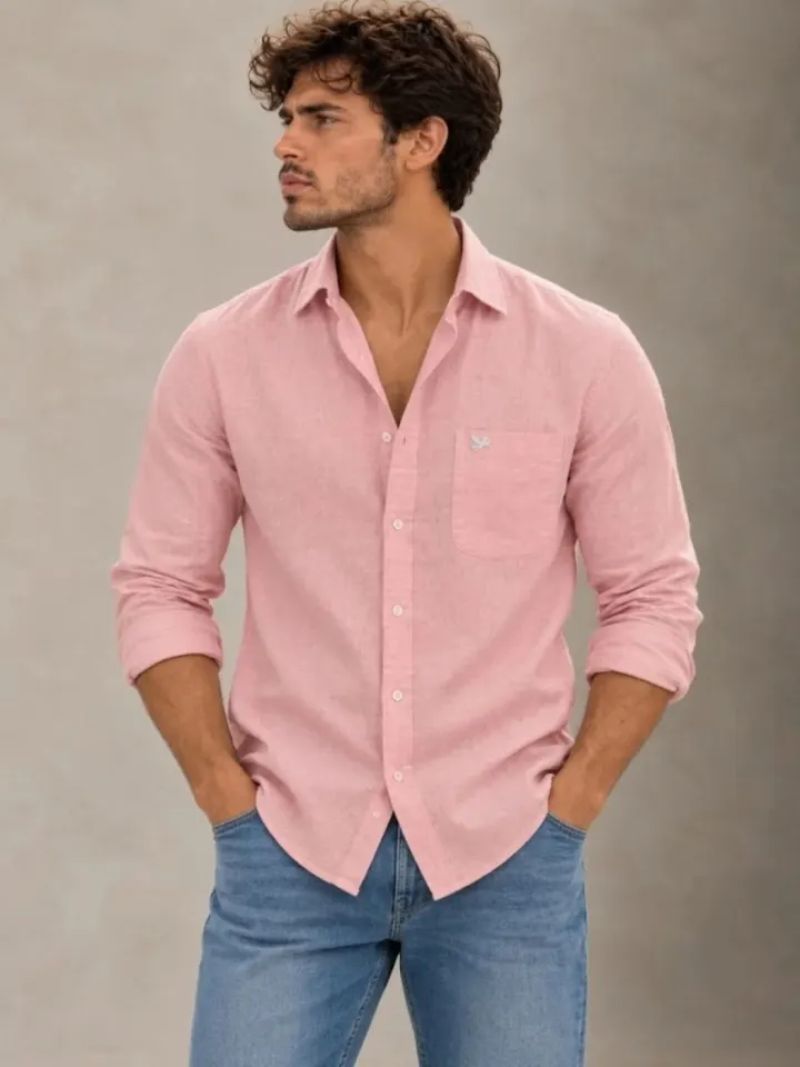 Bemount Bemount Dusty Blush French Linen Shirt in Dusty Blush, front view, hands in pockets