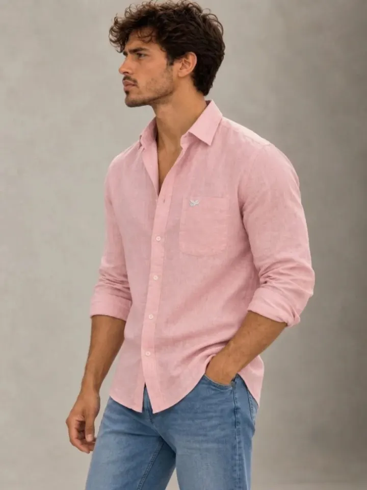 Bemount Bemount Dusty Blush French Linen Shirt in Dusty Blush, three-quarter view