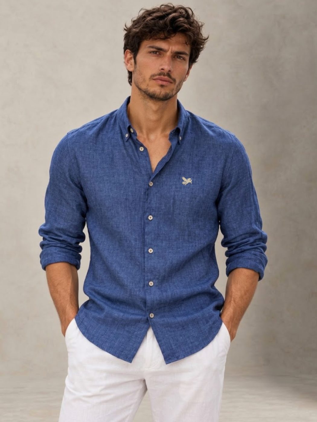 Bemount French Linen Button-Down Shirt, Indigo Blue in Indigo Blue, front view