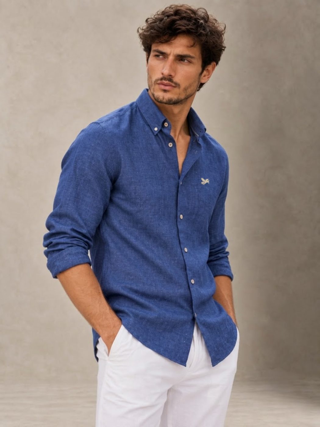 Bemount French Linen Button-Down Shirt, Indigo Blue in Indigo Blue, front view, hands in pockets