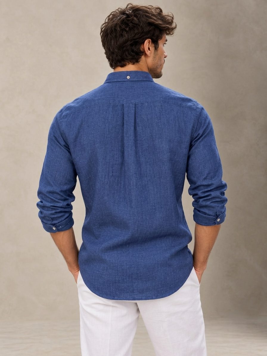 Bemount French Linen Button-Down Shirt, Indigo Blue in Indigo Blue, back view