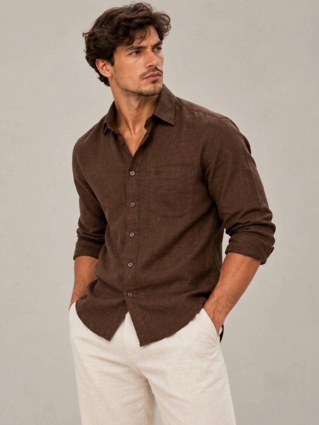 Bemount French Linen Utility Shirt, Deep Espresso in Deep Espresso, three-quarter view