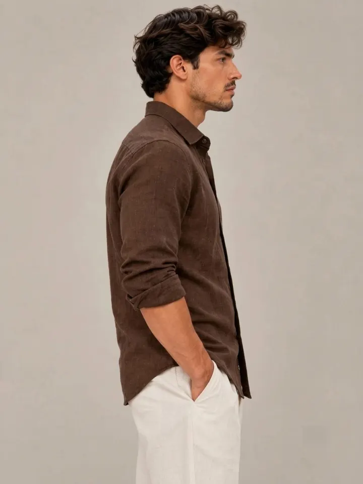 Bemount Bemount French Linen Utility Shirt, Deep Espresso in Deep Espresso, side view