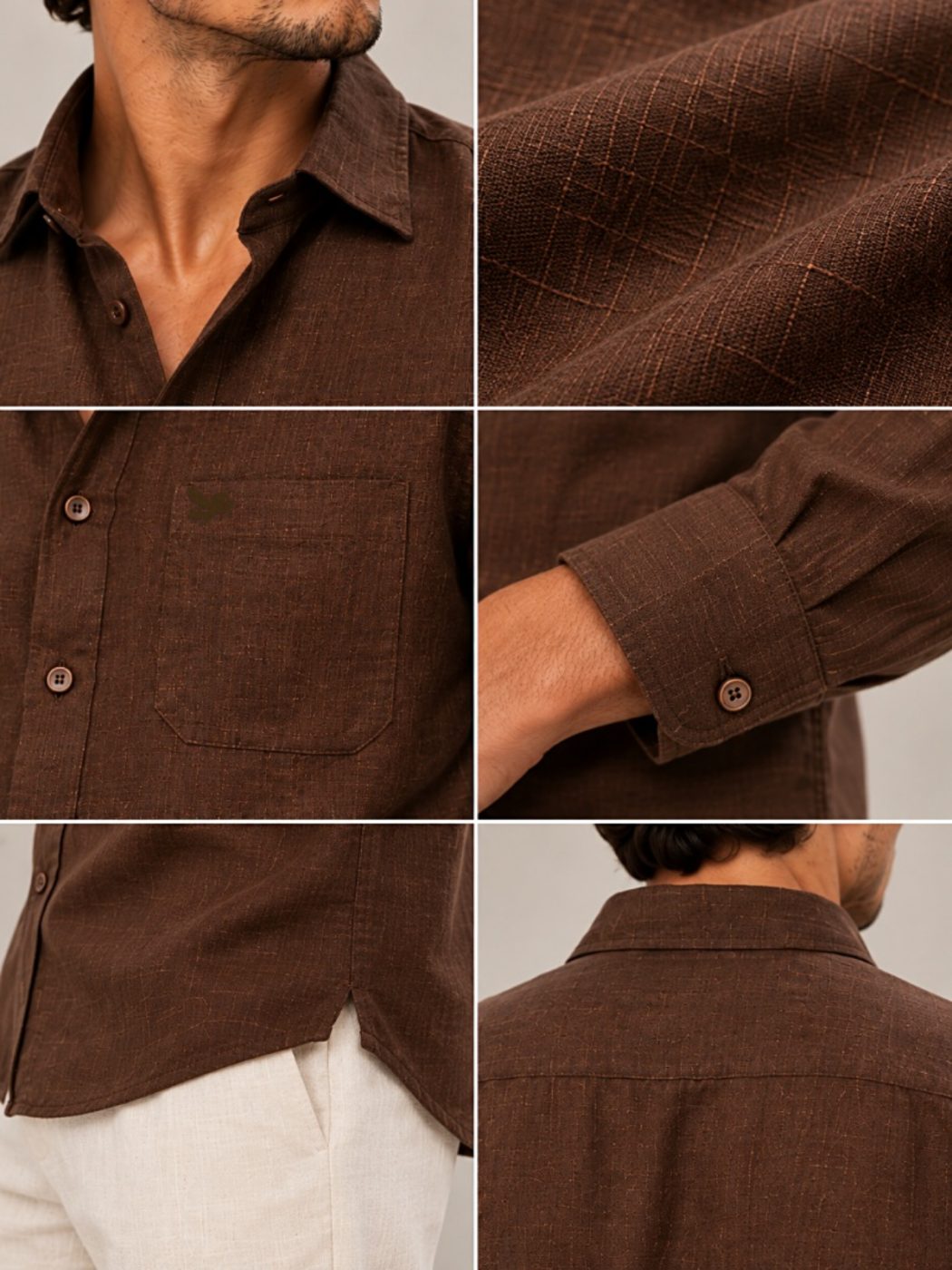 Bemount French Linen Utility Shirt, Deep Espresso in Deep Espresso, collar, cuff, pocket and fabric details