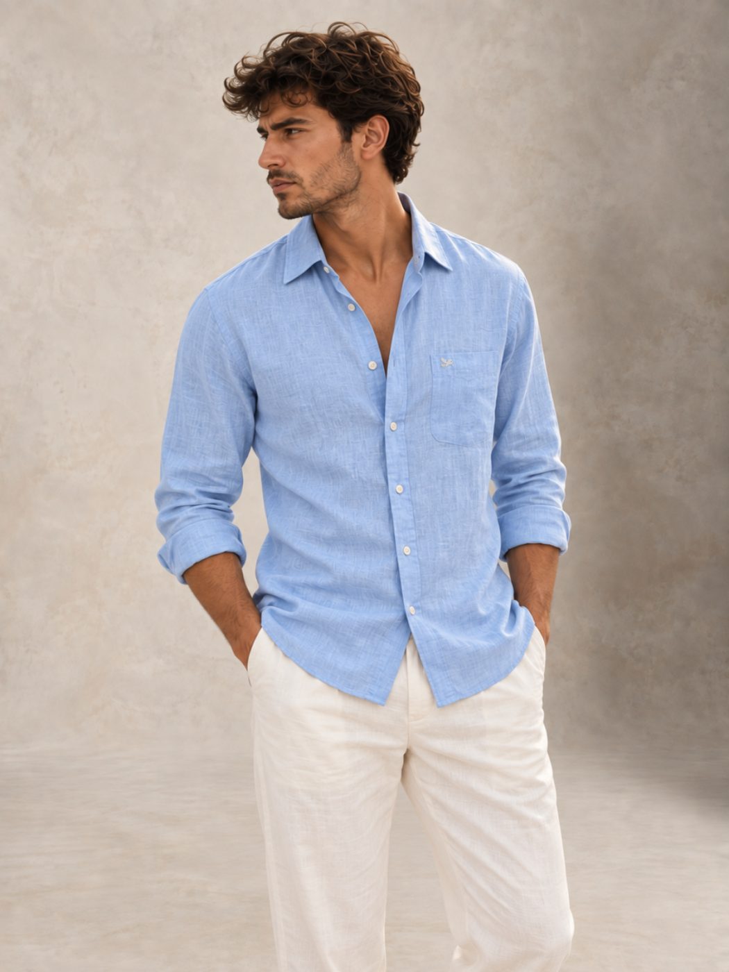 Bemount Misty Riviera Blue French Linen Shirt in Misty Blue, three-quarter view