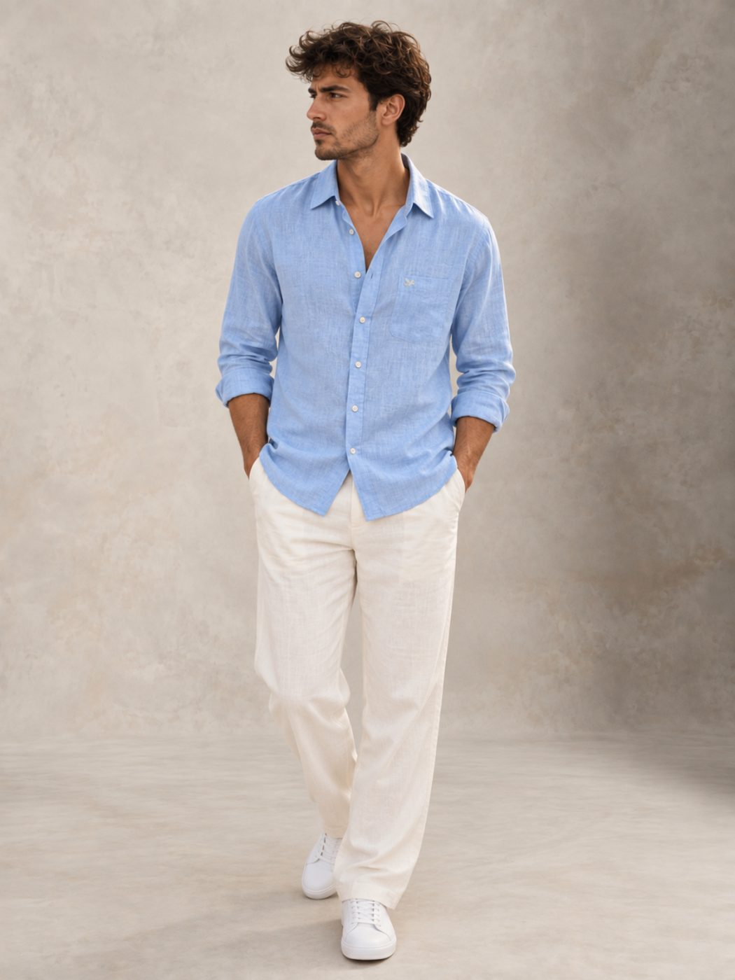 Bemount Misty Riviera Blue French Linen Shirt in Misty Blue, walking view