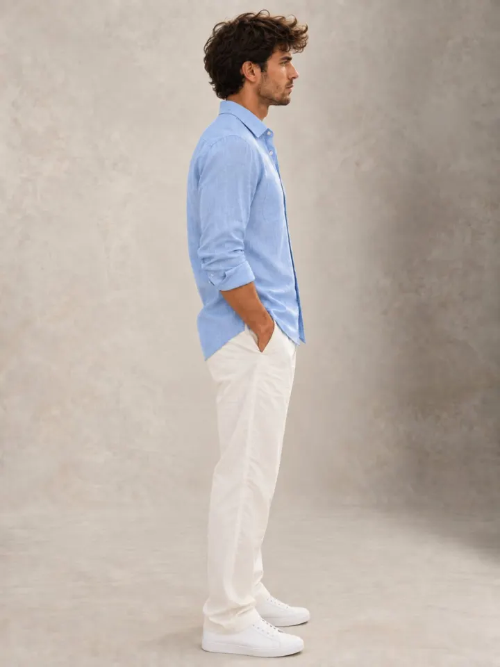 Bemount Bemount Misty Riviera Blue French Linen Shirt in Misty Blue, side view