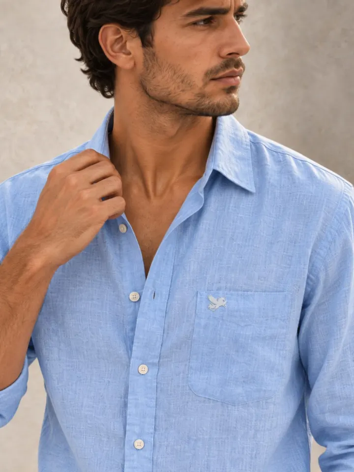 Bemount Bemount Misty Riviera Blue French Linen Shirt in Misty Blue, close-up of collar and pocket